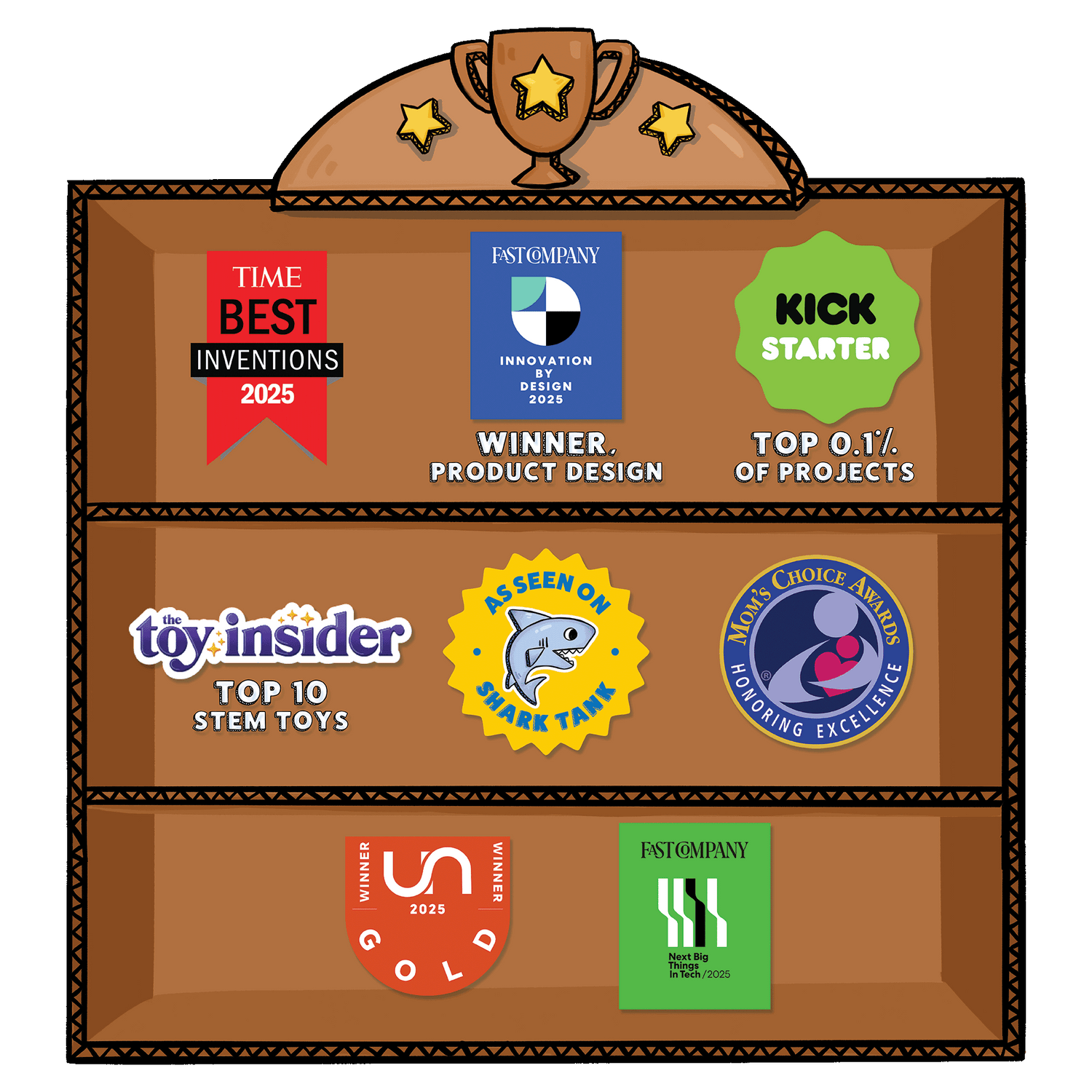 Graphic showing ChompShop’s awards and recognitions on a wooden trophy shelf, including TIME Best Inventions 2025, Fast Company Innovation by Design Winner, Kickstarter Top 0.1% of Projects, Toy Insider Top 10 STEM Toys, As Seen on Shark Tank, Mom’s Choice Award, USA Gold Design Award 2025, and Fast Company Next Big Thing in Tech 2025.