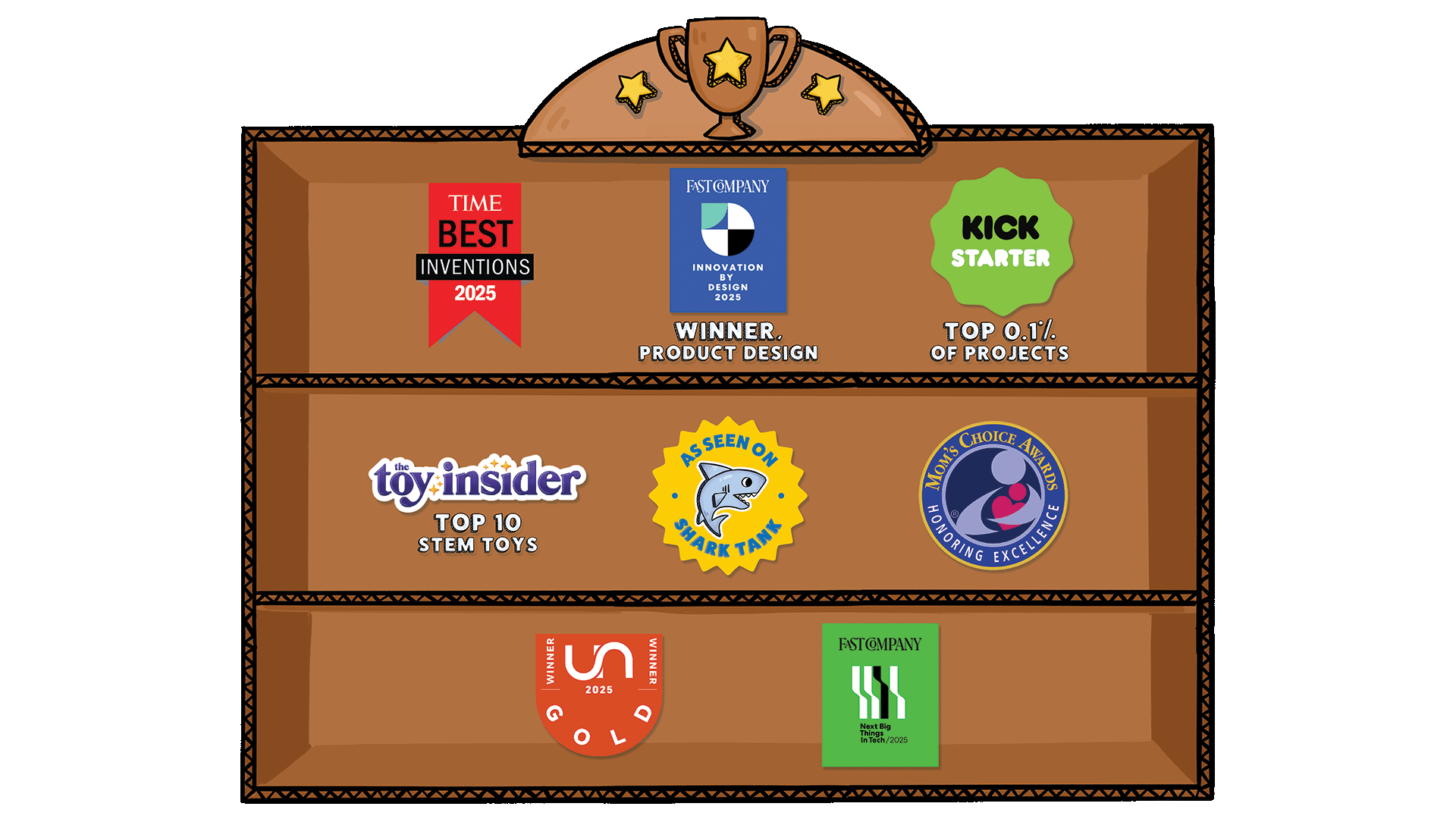 Graphic showing ChompShop’s awards and recognitions on a wooden trophy shelf, including TIME Best Inventions 2025, Fast Company Innovation by Design Winner, Kickstarter Top 0.1% of Projects, Toy Insider Top 10 STEM Toys, As Seen on Shark Tank, Mom’s Choice Award, USA Gold Design Award 2025, and Fast Company Next Big Thing in Tech 2025.