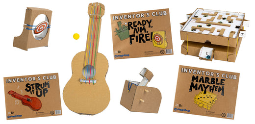 A set of cardboard toy projects from Chompshop's Inventor's Club, including a cardboard ukulele, a marble maze, a target and catapult, all arranged on a white background.