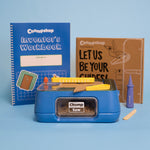ChompSaw and accessories displayed on a blue background to show the components of a Maker Bundle.