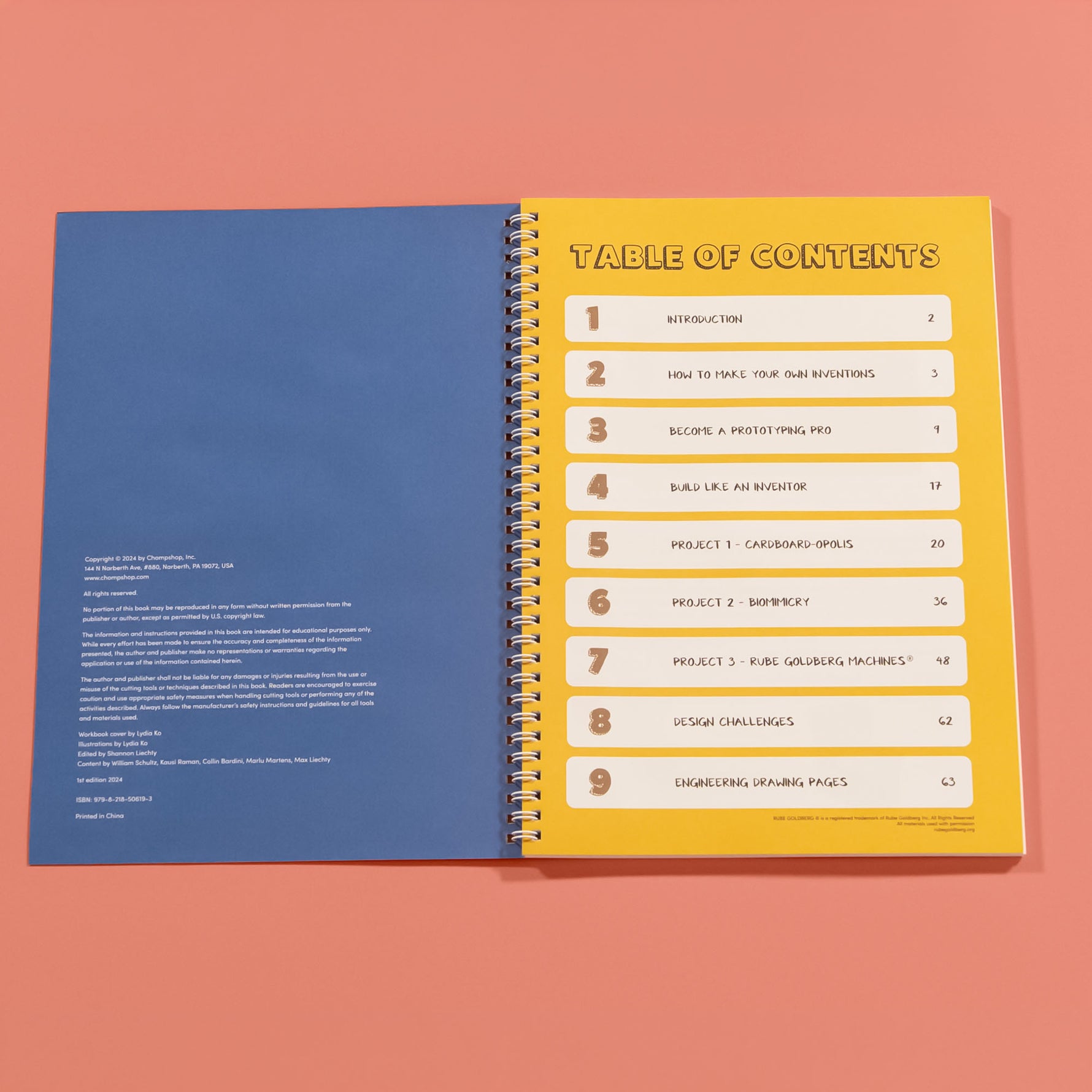 Chompshop Inventor's Workbook table of contents, featuring projects on prototyping, cardboard building, and Rube Goldberg machines.